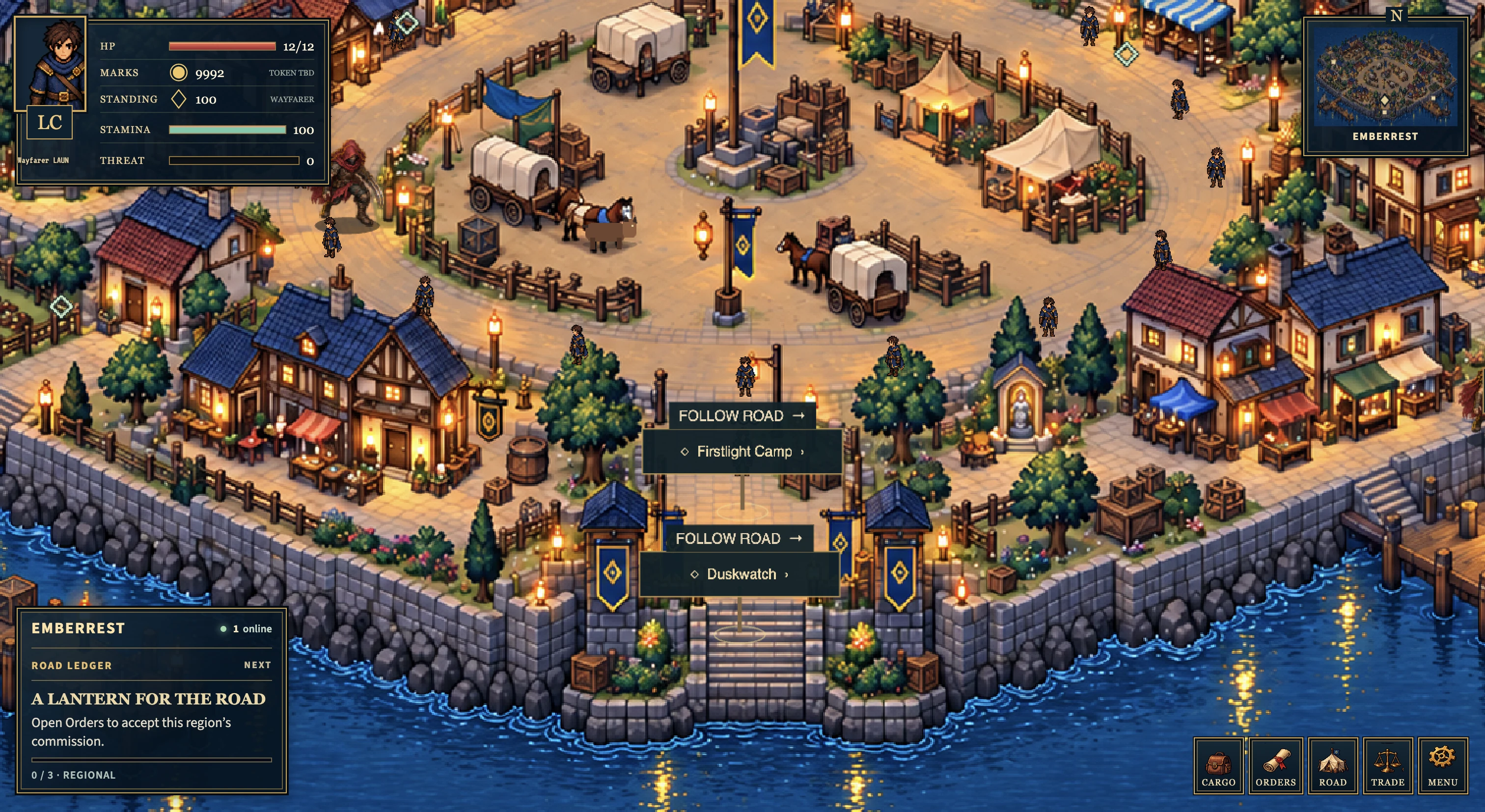 The active trading streets and wagons of Emberrest in Duskfarer