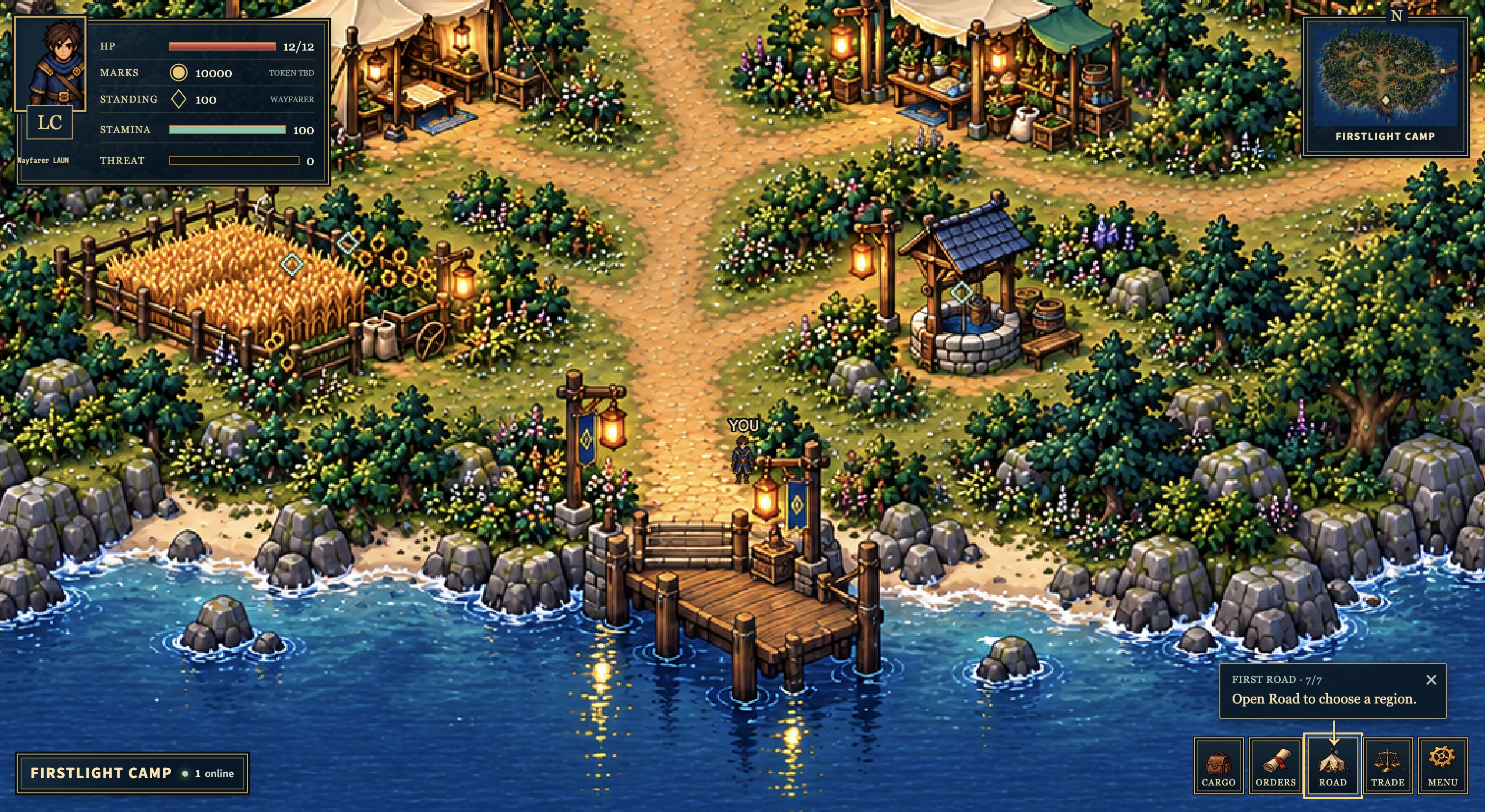 Firstlight Camp as it appears in the game, showing the Sungrain field and well